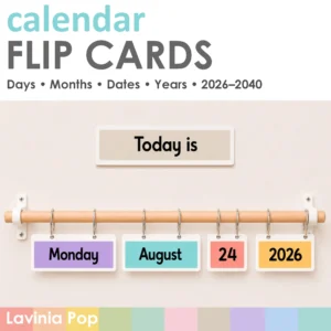 Calendar Flip Cards for preschool and kindergarten featuring a classroom flip display with day, month, date, and year cards on a wooden rod.