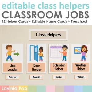 Editable class helpers classroom jobs display cover featuring four illustrated helper cards, editable student name cards and text highlighting 12 classroom helper roles for preschool.