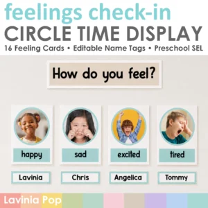 Preschool Feelings Check-In Display cover featuring the How do you feel header, photographic happy, sad, excited and tired feeling cards, and editable child name tags for a preschool circle time or morning meeting SEL routine.