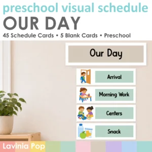 Preschool Visual Schedule cover showing the Our Day header with illustrated Arrival, Morning Work, Centers and Snack cards displayed on a classroom wall.