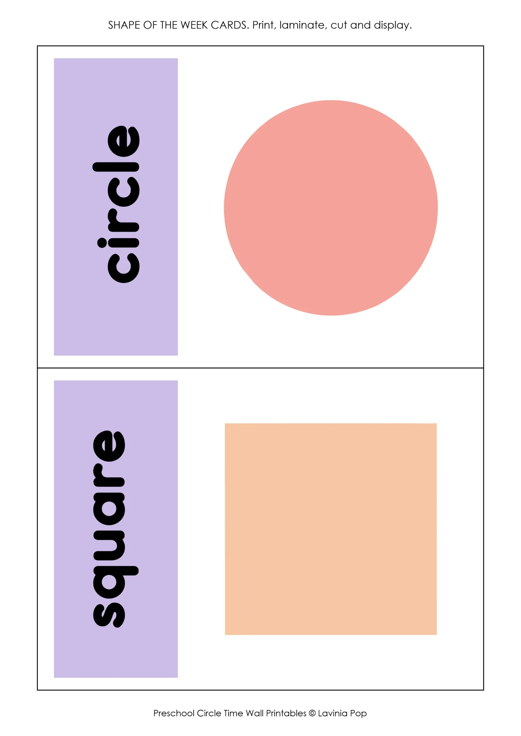 Shape of the Week Preschool Circle Time Display Circle and Square Cards Printable circle and square cards from the Shape of the Week Preschool Circle Time Display, featuring large colorful shapes and lowercase shape words.