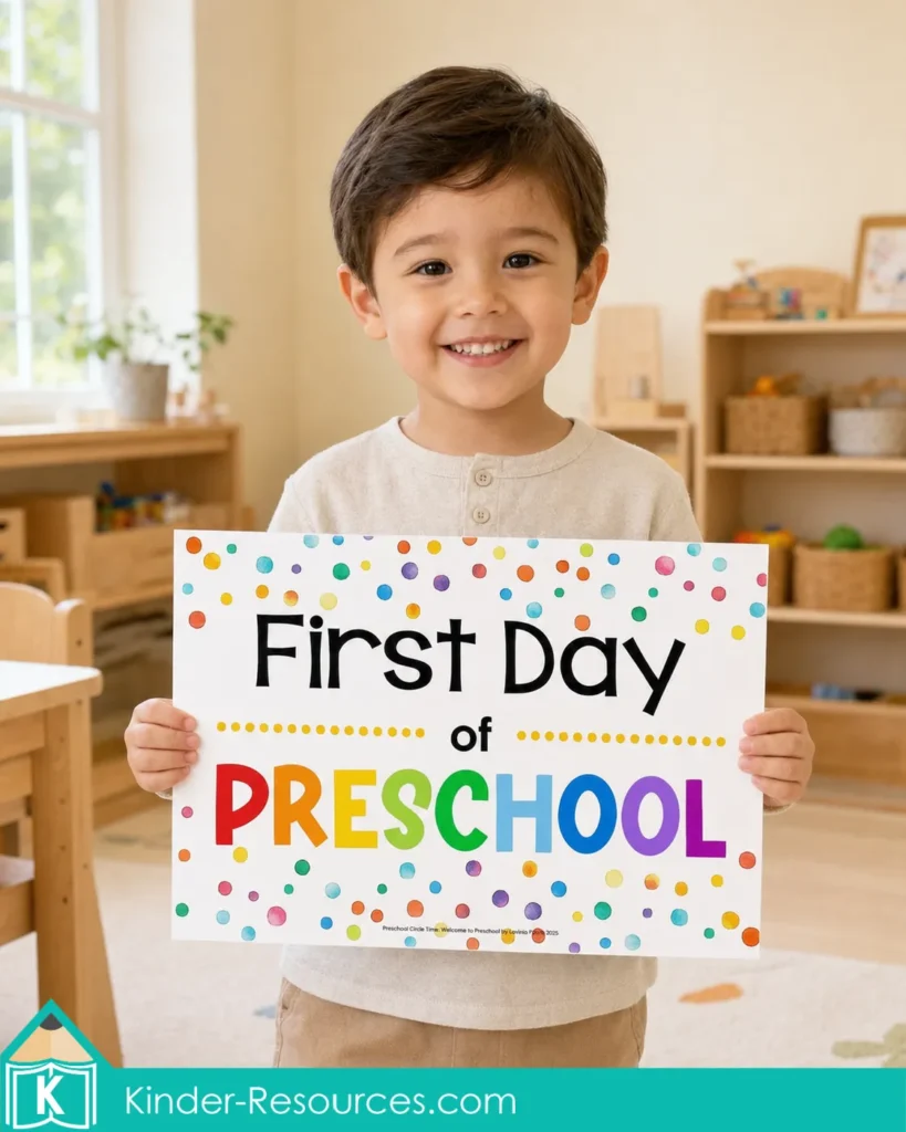 Smiling preschool child holding a colorful First Day of Preschool printable sign in a warm classroom for welcome to preschool circle time.