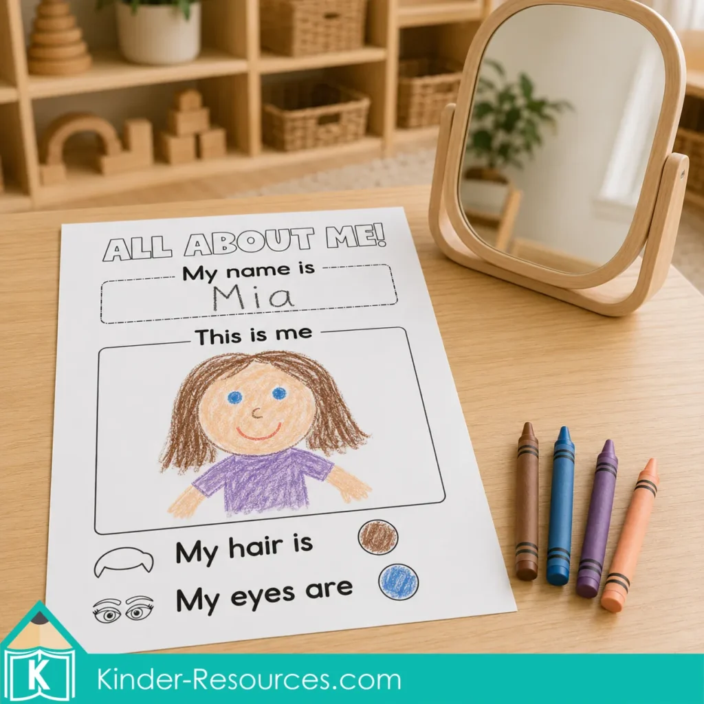Welcome to preschool All About Me poster featuring a child’s self portrait, name, hair color, and eye color beside a classroom mirror and crayons.