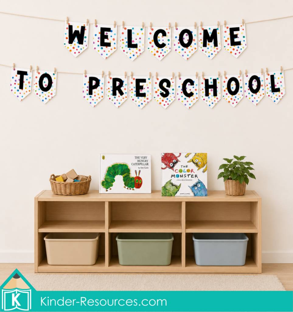 Welcome to preschool circle time banner displayed above a natural timber classroom shelf with picture books, storage tubs, a basket, and a plant.