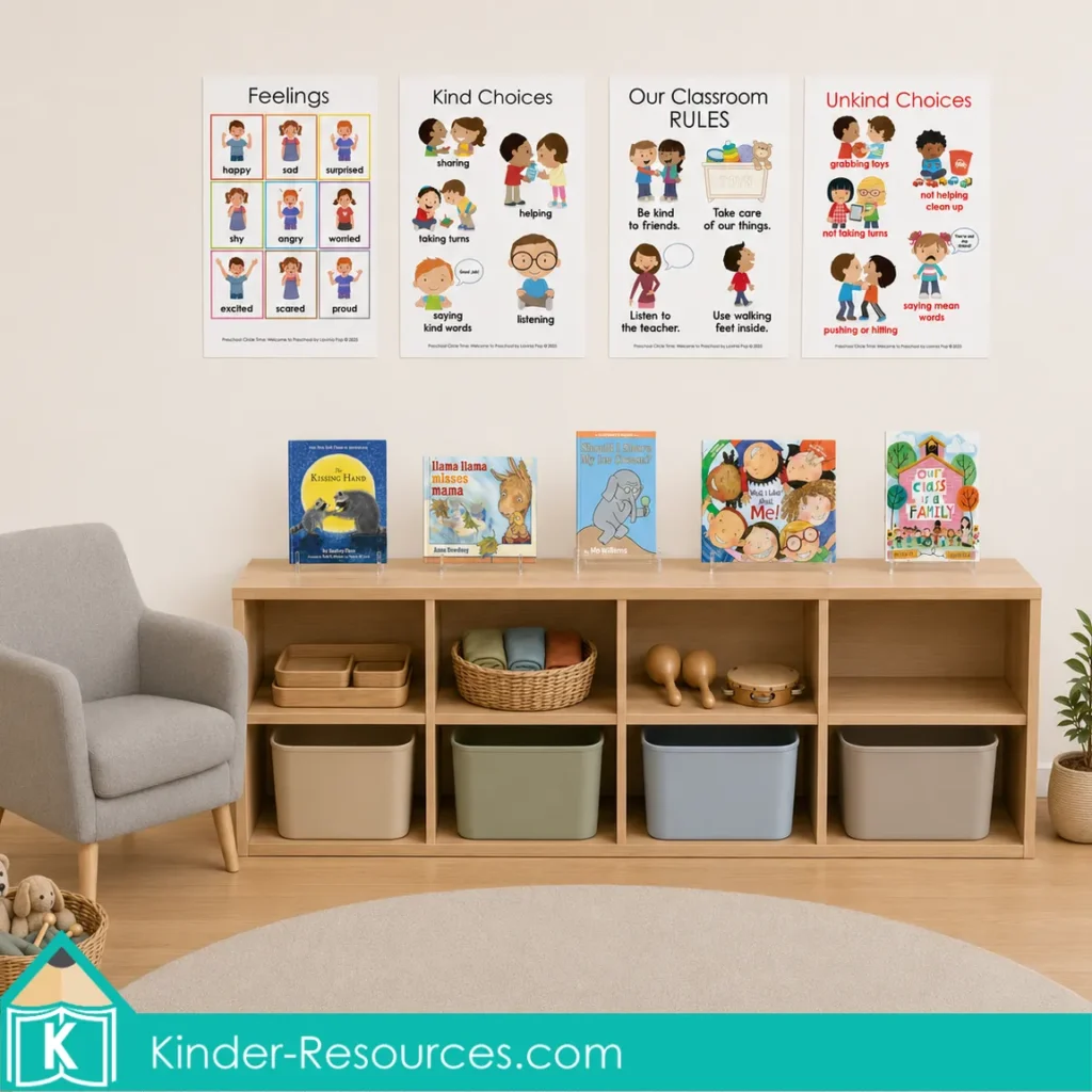 Welcome to preschool circle time display with feelings, kind choices, classroom rules and unkind choices posters above five first week read aloud books.