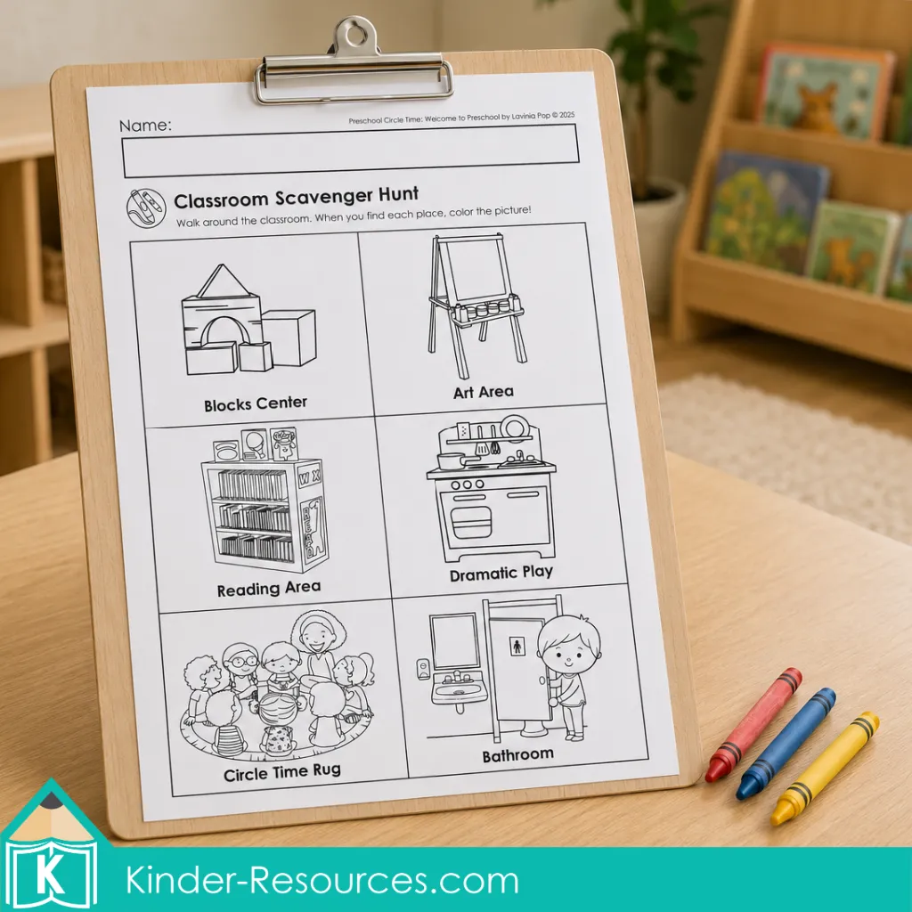 Welcome to preschool classroom scavenger hunt printable on a clipboard with picture clues for the blocks center, art area, reading area, dramatic play, circle time rug, and bathroom.