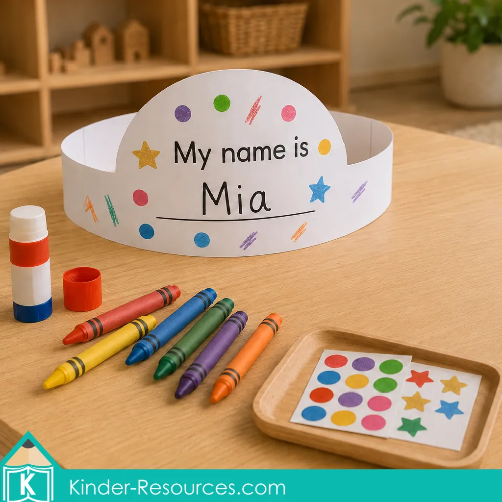 Welcome to preschool circle time name crown craft decorated with crayons and stickers beside glue, coloring tools, and sticker shapes.