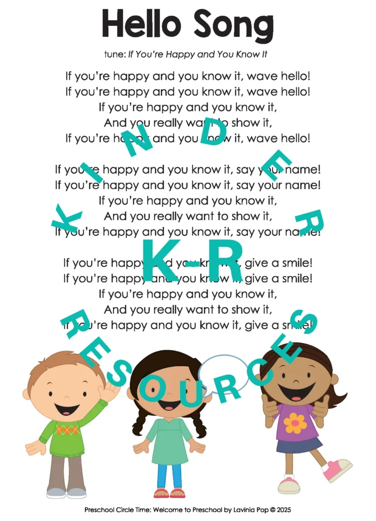 Hello Song printable for welcome to preschool circle time with three cheerful children and verses for waving, saying names, and smiling.