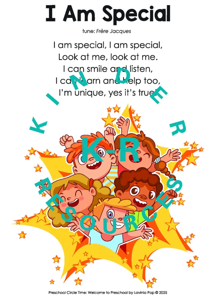 I Am Special song printable for welcome to preschool circle time with cheerful children celebrating that everyone is unique, special, and able to learn and help.