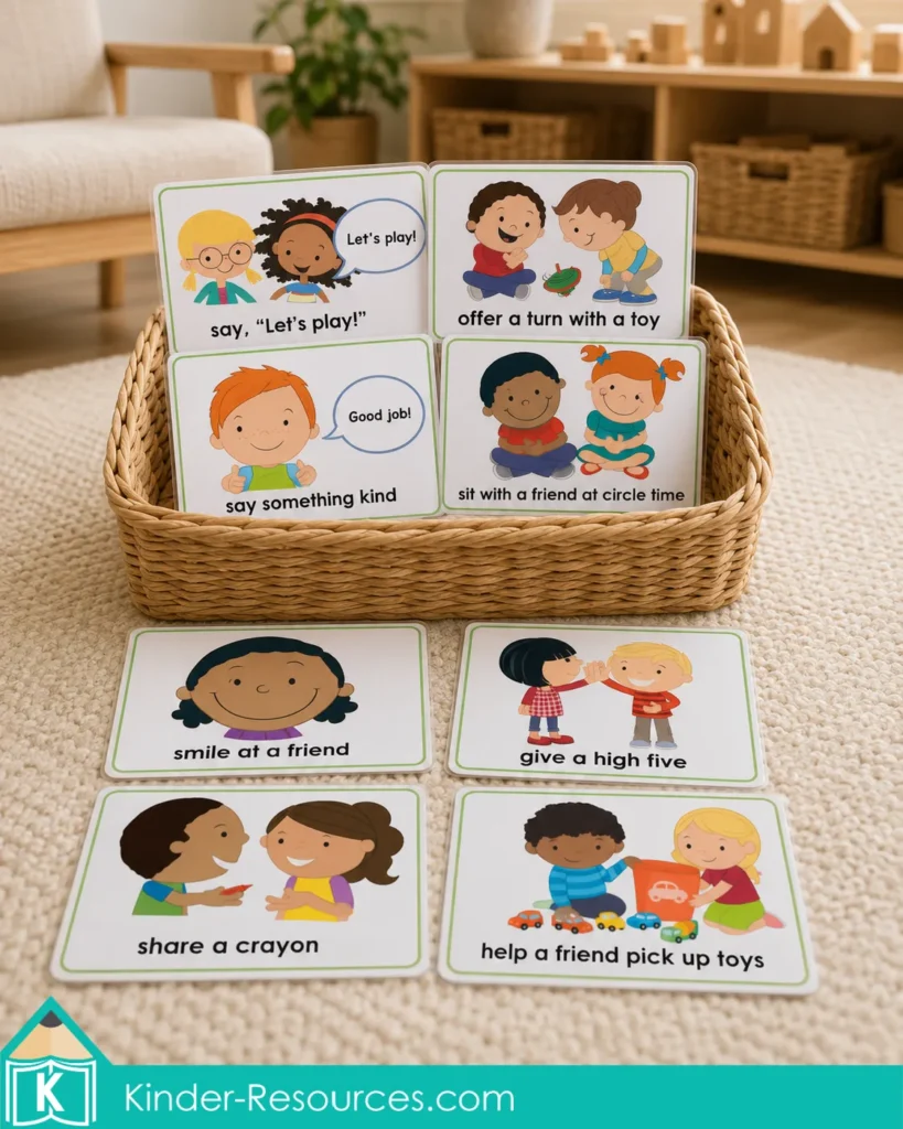 Welcome to preschool kindness challenge cards featuring actions such as smiling, sharing a crayon, giving a high five, offering a turn, and helping a friend.