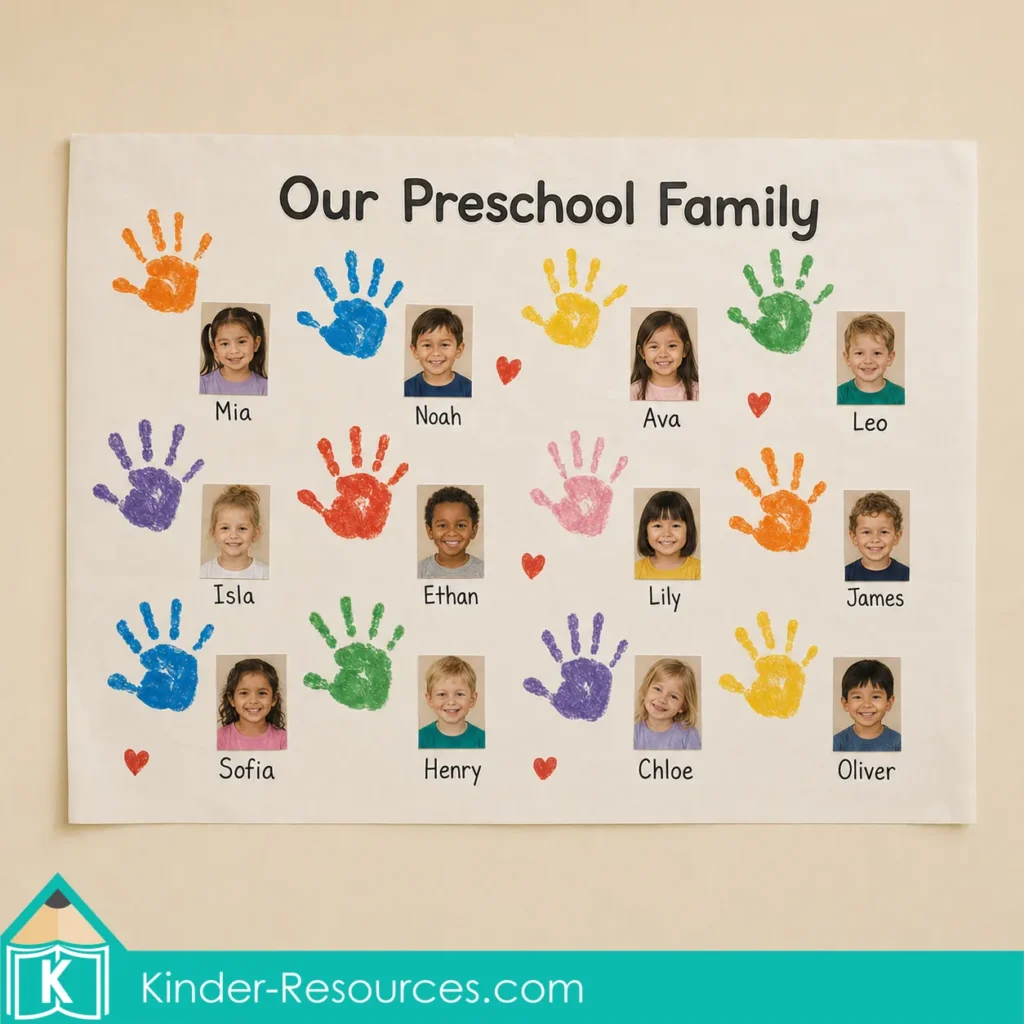 Our Preschool Family classroom mural featuring children’s photographs, colorful painted handprints, first names, and red hearts.