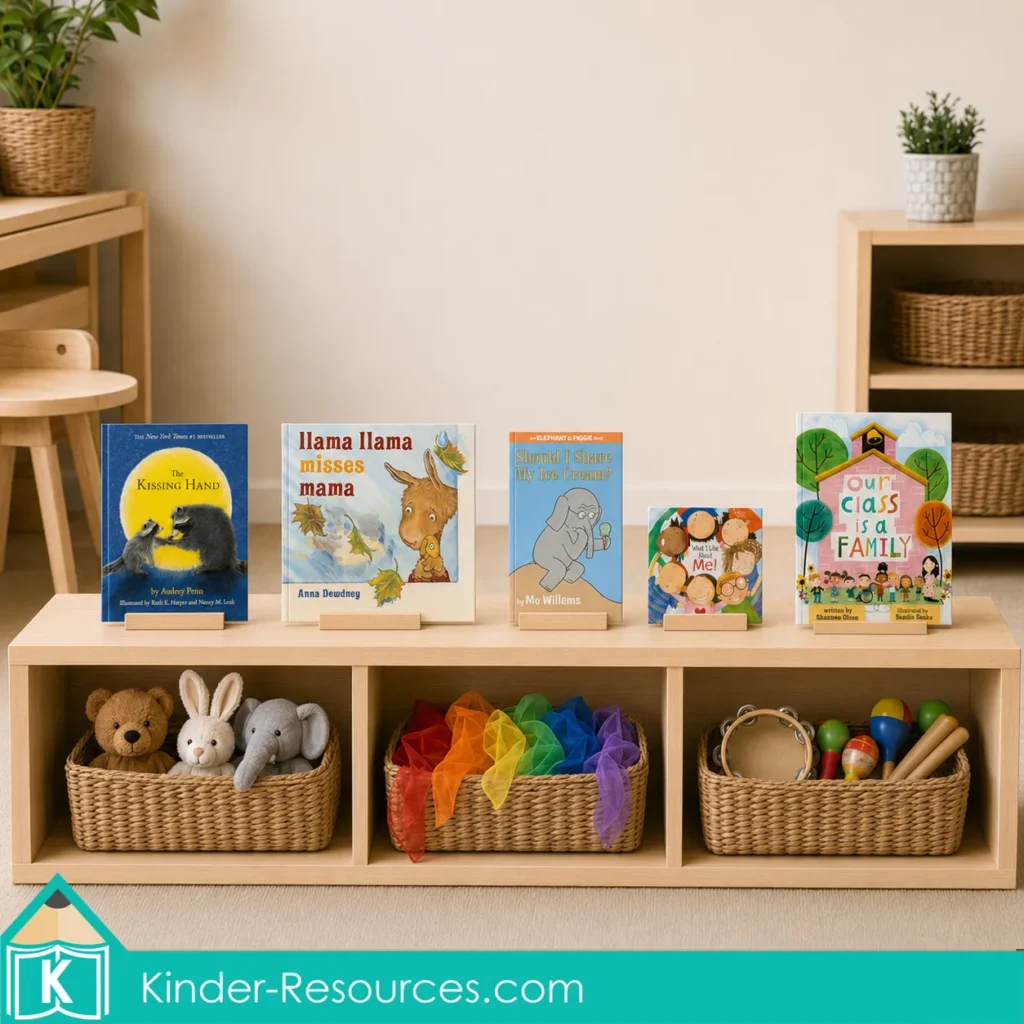 Five welcome to preschool read aloud books displayed on a classroom shelf above baskets of hand puppets, movement scarves, and musical instruments.
