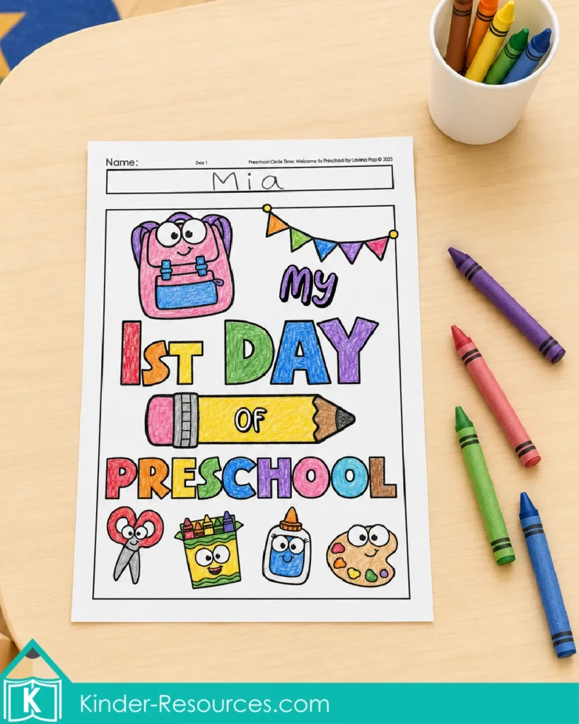First day of preschool coloring page completed by a preschooler and displayed on a classroom table with colorful crayons.