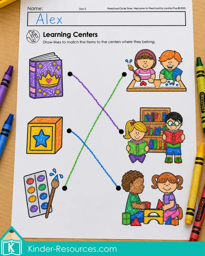 Welcome to preschool learning centers worksheet with colored pictures and lines matching books, blocks, and art supplies to classroom centers.