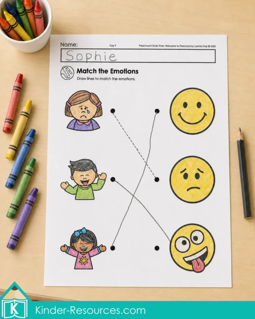 Welcome to preschool emotions worksheet with colored children and faces for matching sad, silly, and happy feelings.