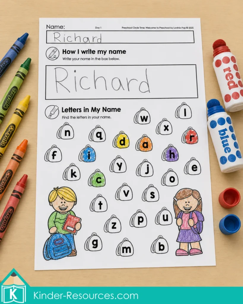 Welcome to preschool name practice worksheet completed with the name Richard, including name writing and a backpack letter search activity.