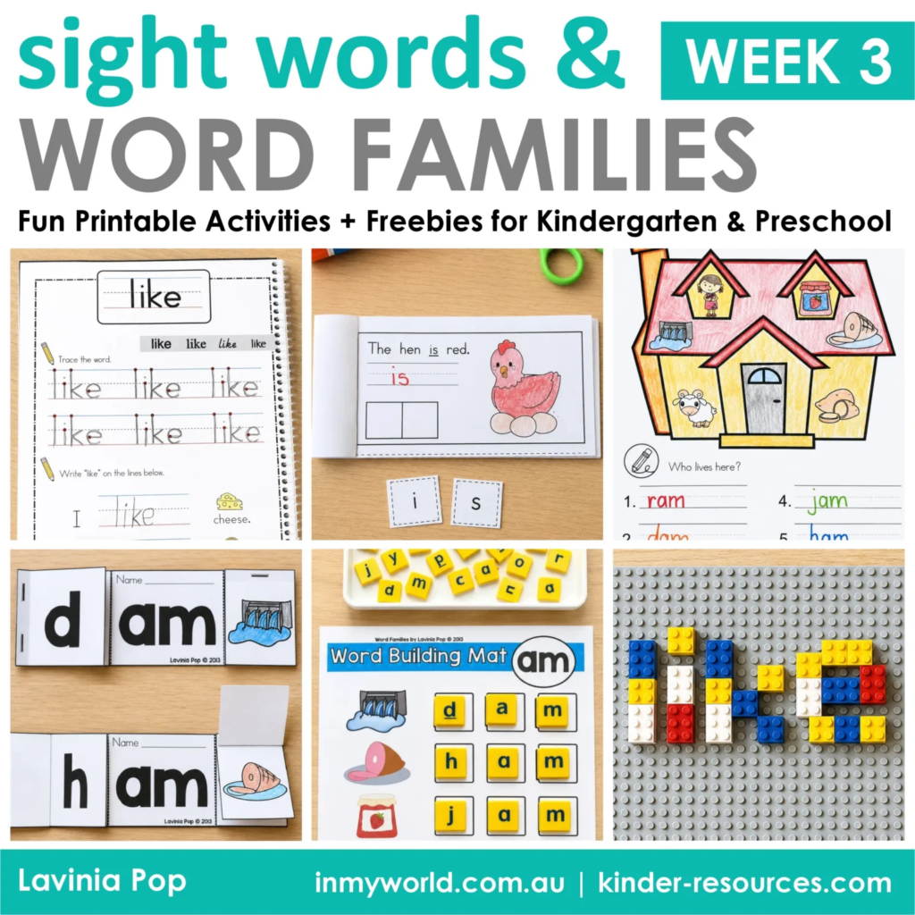 Kindergarten sight words and AM word family printable activities with handwriting worksheets, emergent readers, sentence practice, letter tiles, building bricks, and phonics freebies.