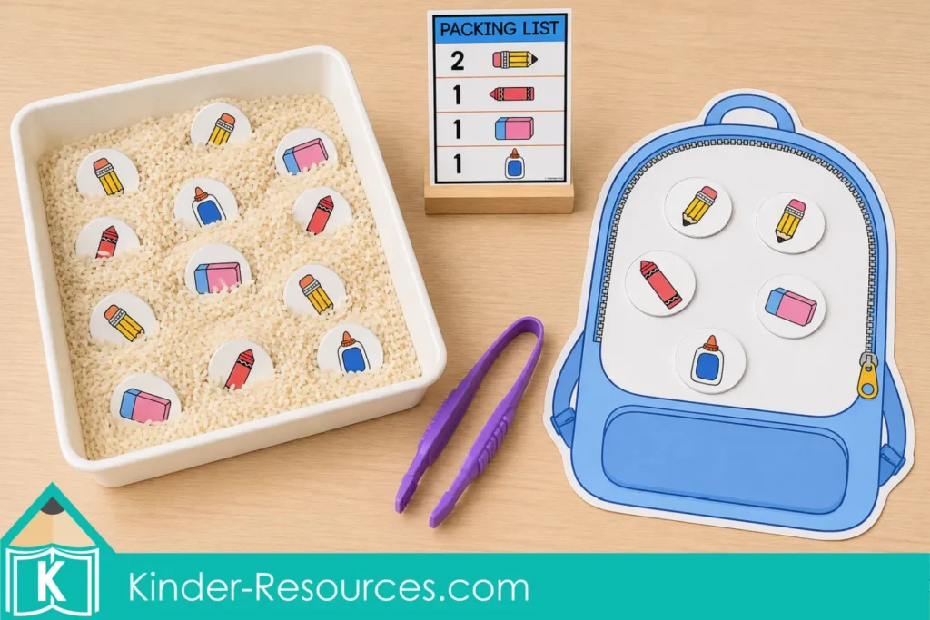 Following a printable packing list to count and place pencils, a crayon, an eraser and glue onto a backpack activity mat.