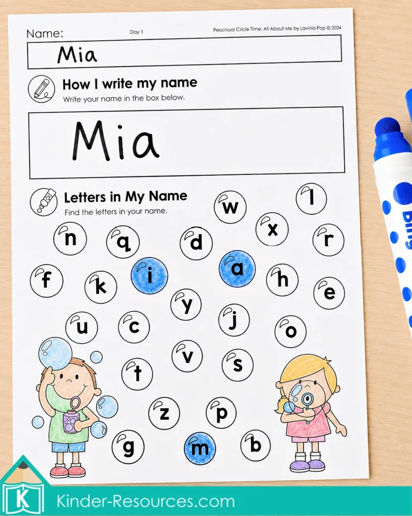 All About Me name-recognition worksheet with letter bubbles marked using a bingo dabber to identify the letters in a child’s name.