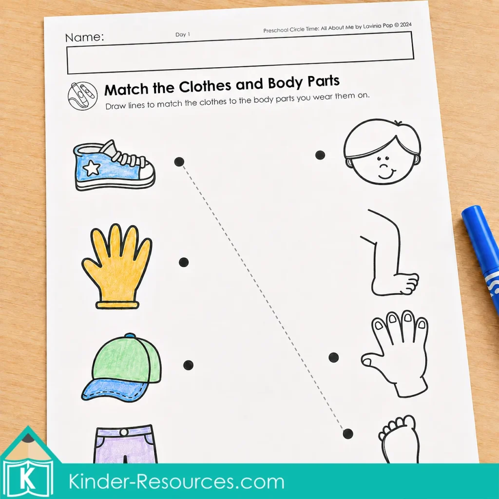 Preschool matching worksheet about connecting familiar clothing items to the body parts on which they are worn.