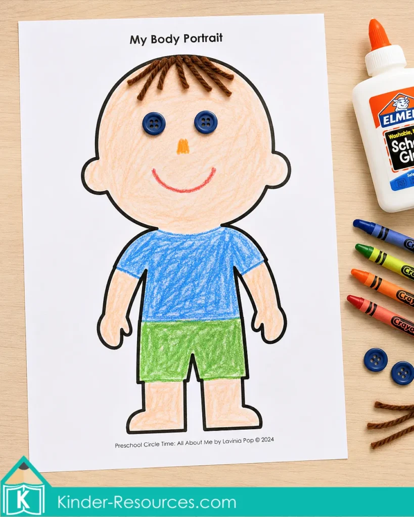 All About Me body portrait template decorated with crayons, yarn hair and button eyes to support self-awareness and body-part vocabulary.