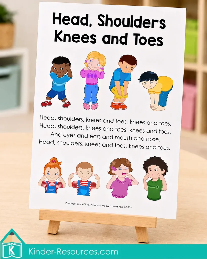 Printable Head, Shoulders, Knees and Toes song poster for identifying body parts through music and movement during preschool circle time.