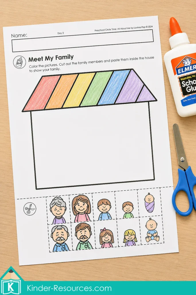 Preschool family worksheet with a house and family-member pictures for coloring, selecting and pasting inside the home.
