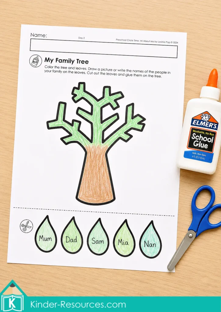 Preschool family tree worksheet with labeled leaves for adding the names of important family members to the tree.