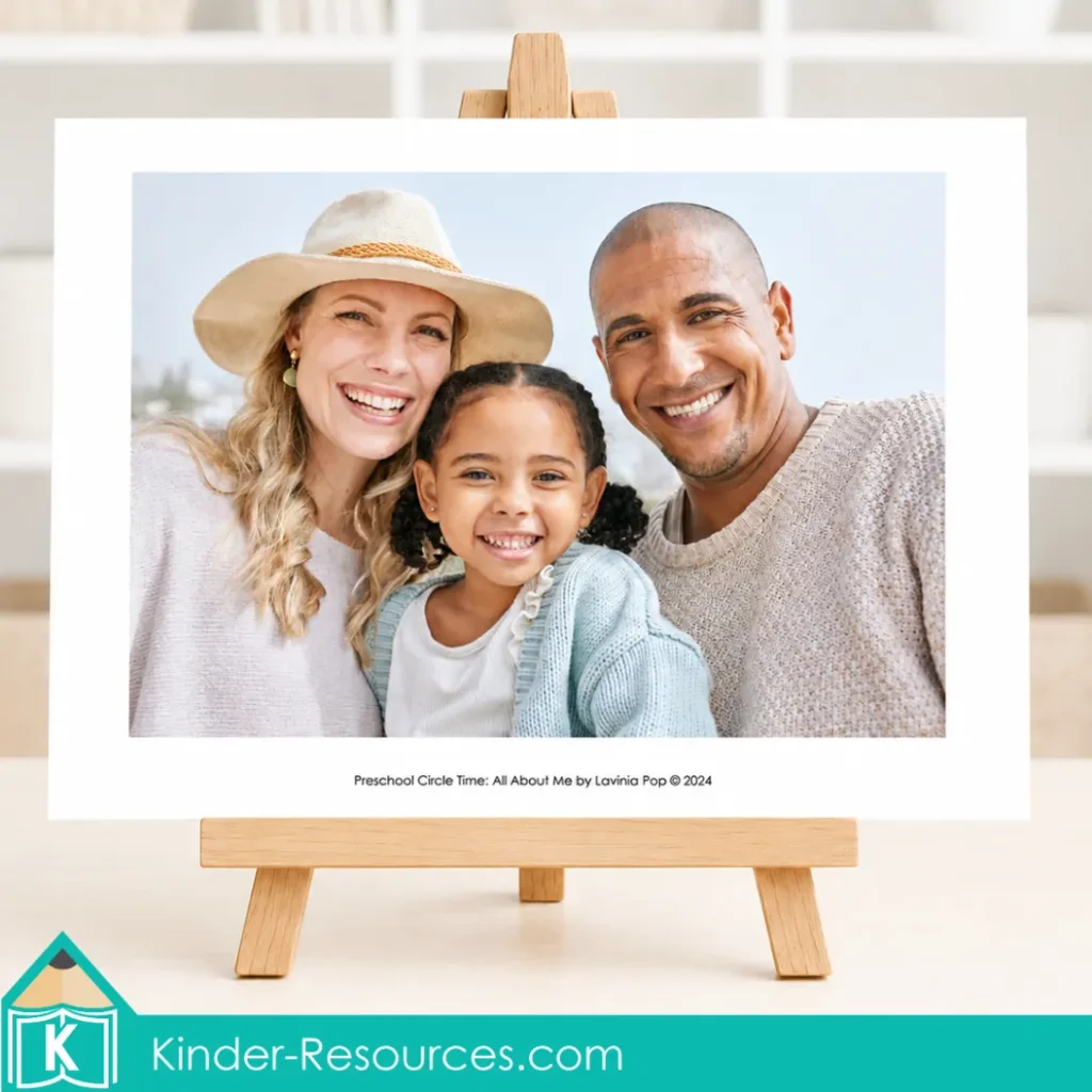 Preschool family discussion poster showing two adults and one child to help children understand that families can look different.