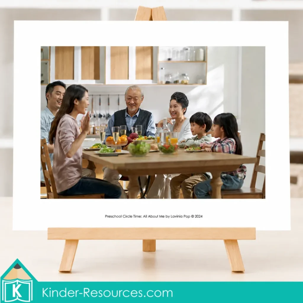 Preschool family discussion poster showing several generations sharing a meal to introduce multigenerational families.
