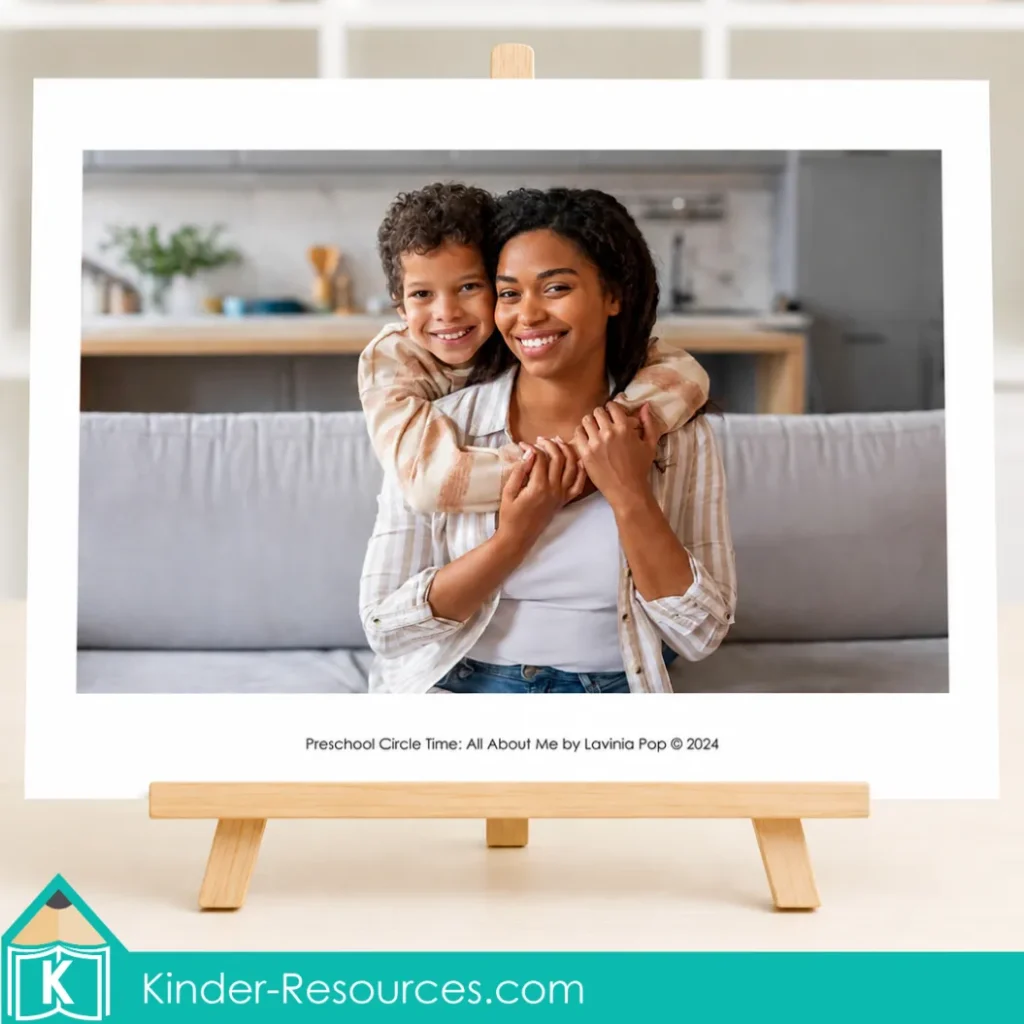 Preschool family discussion poster showing one parent and one child to support conversations about different family structures.