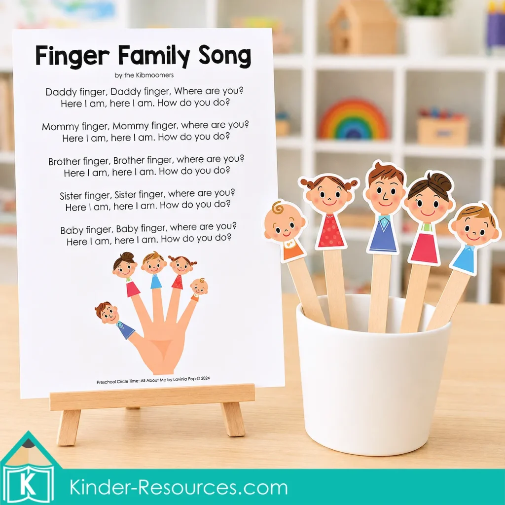 Printable Finger Family Song poster with five family puppets for developing family vocabulary through preschool music and dramatic play.