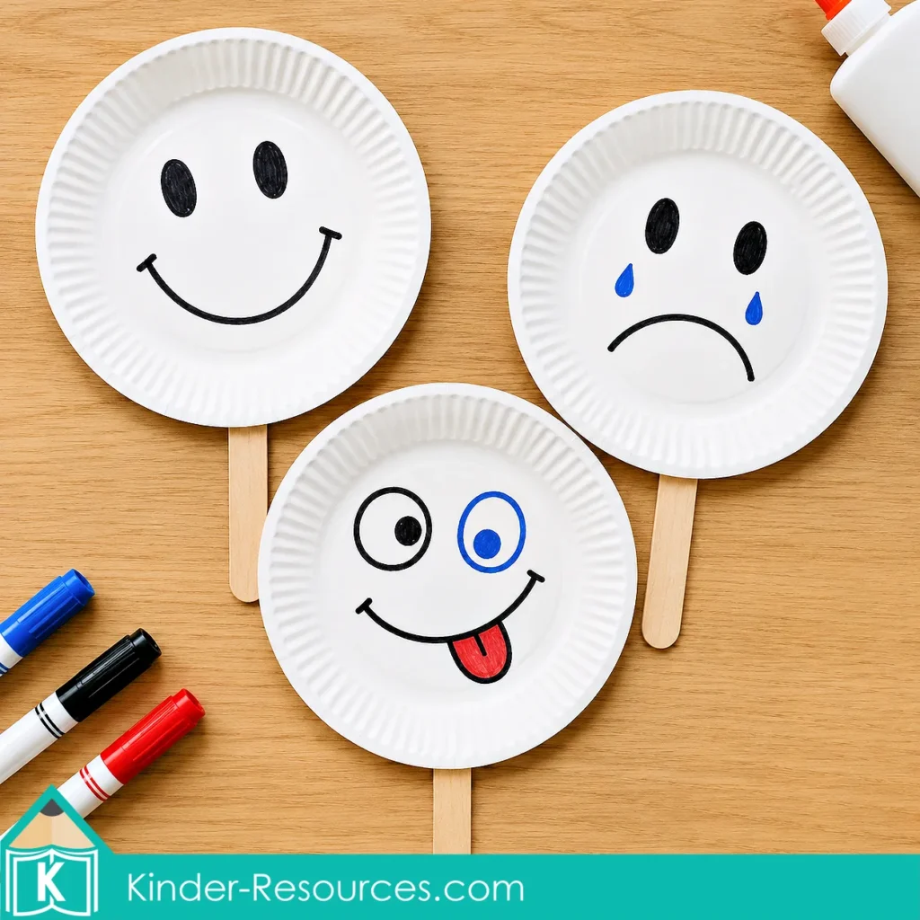 Preschool paper plate masks showing happy, sad and silly expressions for practicing emotion recognition and expression.