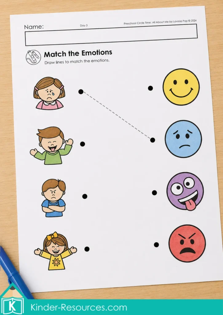 Social-emotional worksheet about matching illustrated children with happy, sad, silly and angry emotion faces.
