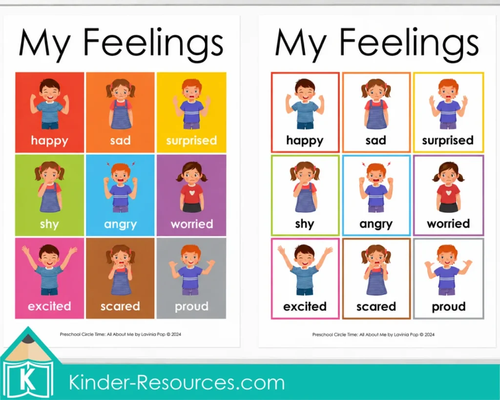 Two My Feelings posters displaying nine labeled emotions for building preschool social-emotional vocabulary.