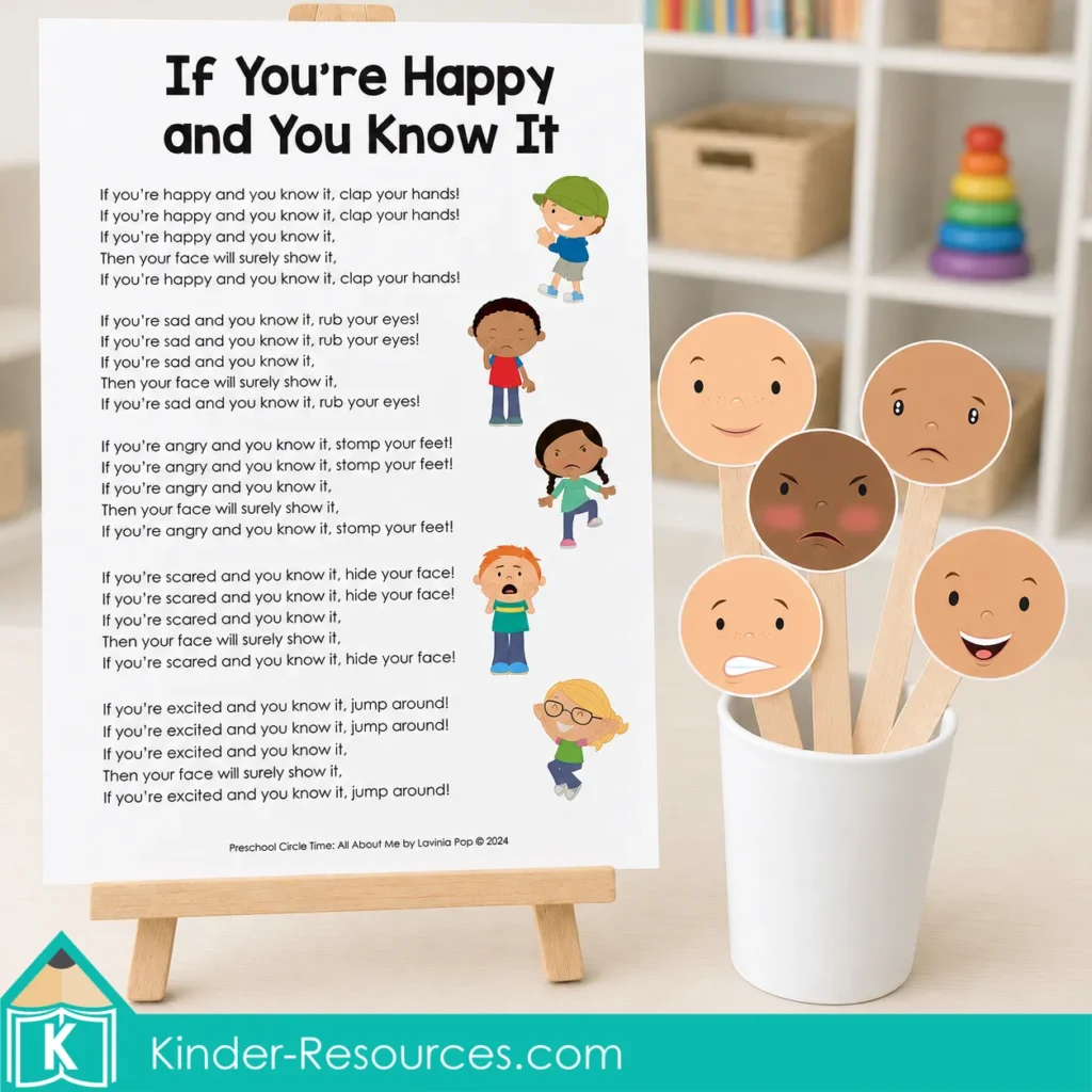 Printable If You’re Happy and You Know It song poster with happy, sad, angry, scared and excited puppets for preschool circle time.