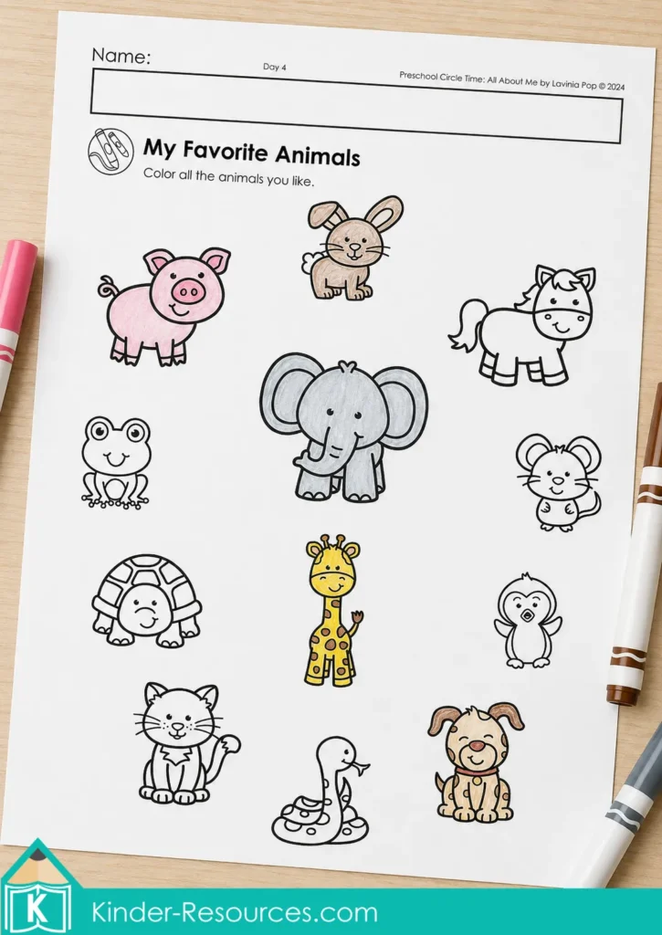 All About Me coloring worksheet with familiar animals for children to choose, color and discuss their favorites.