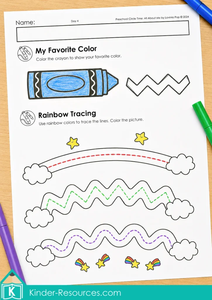 Preschool worksheet with a favorite-color crayon and straight, zigzag and curved rainbow paths for developing pencil control.