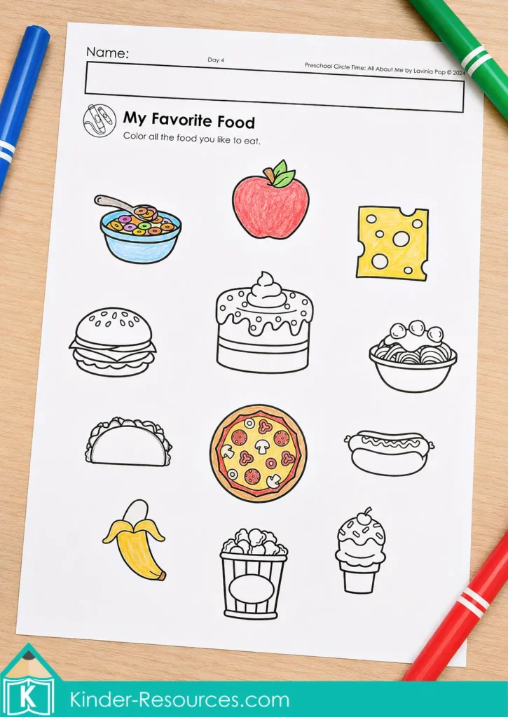 All About Me coloring worksheet with different foods for children to select, color and discuss their personal preferences.