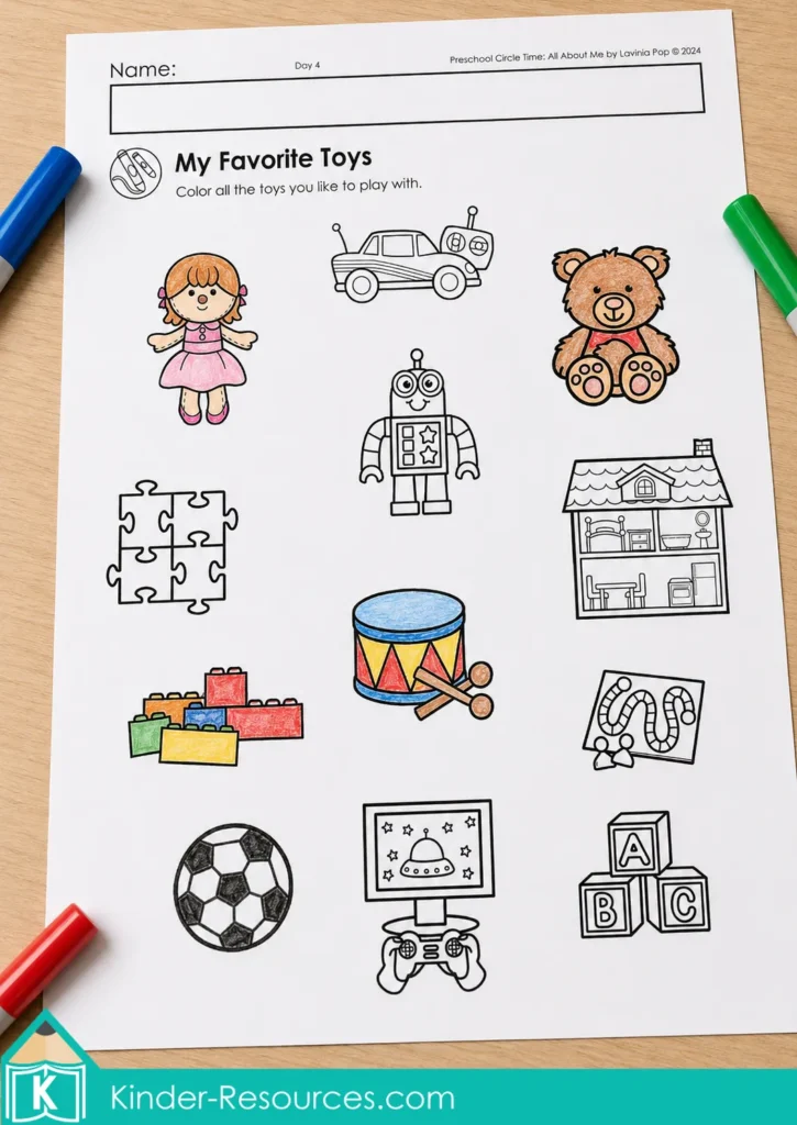 All About Me coloring worksheet with familiar toys for children to identify and color the ones they enjoy.