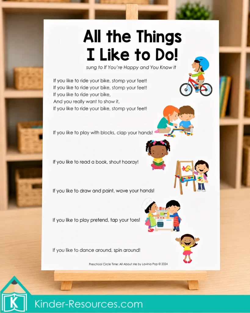 Preschool circle time song poster about biking, building, reading, painting, pretend play and dancing.