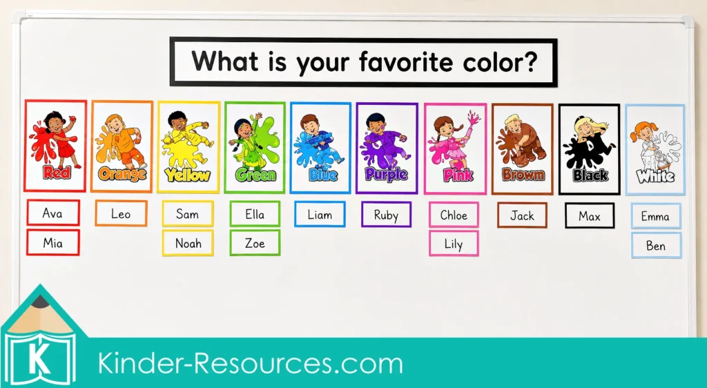 Printable class graph with ten color categories and matching name cards for counting and comparing children’s favorite colors.