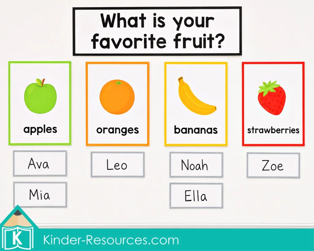 Printable graph about children’s favorite fruits using apples, oranges, bananas and strawberries to practice counting and comparing class preferences.