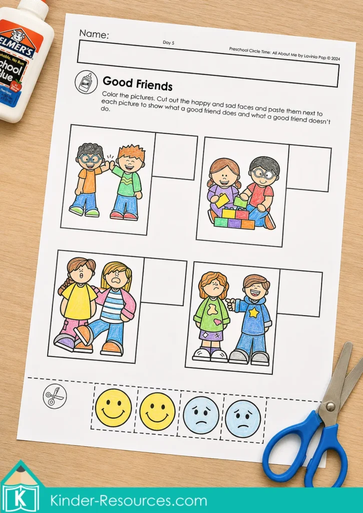 Preschool social-emotional worksheet with friendly and unfriendly situations to match with happy and sad faces.