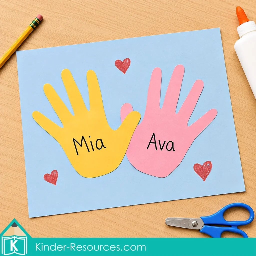 Preschool friendship craft with two overlapping paper handprints representing classmates and classroom community.