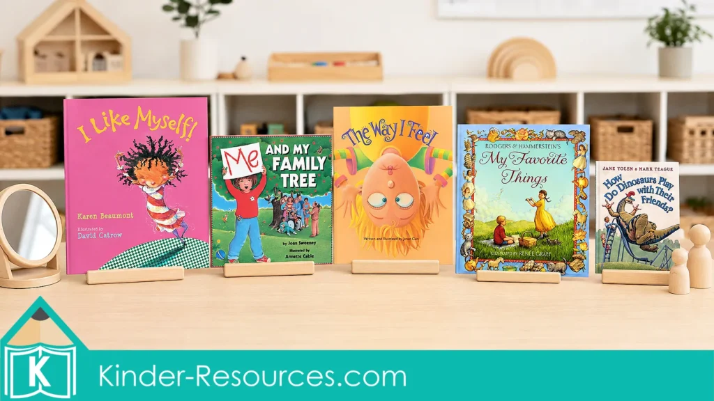 Five preschool read-aloud books about identity, family, feelings, favorite things and friendship for an All About Me circle time theme.