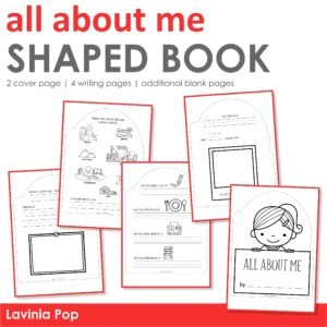 All About Me shaped writing book with boy and girl covers, four writing pages, and additional blank pages.
