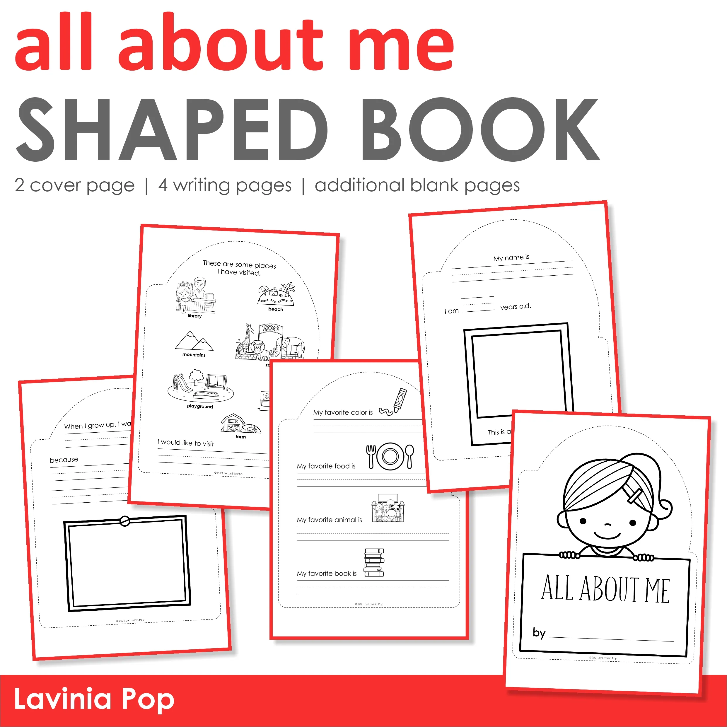 All About Me shaped writing book with boy and girl covers, four writing pages, and additional blank pages.