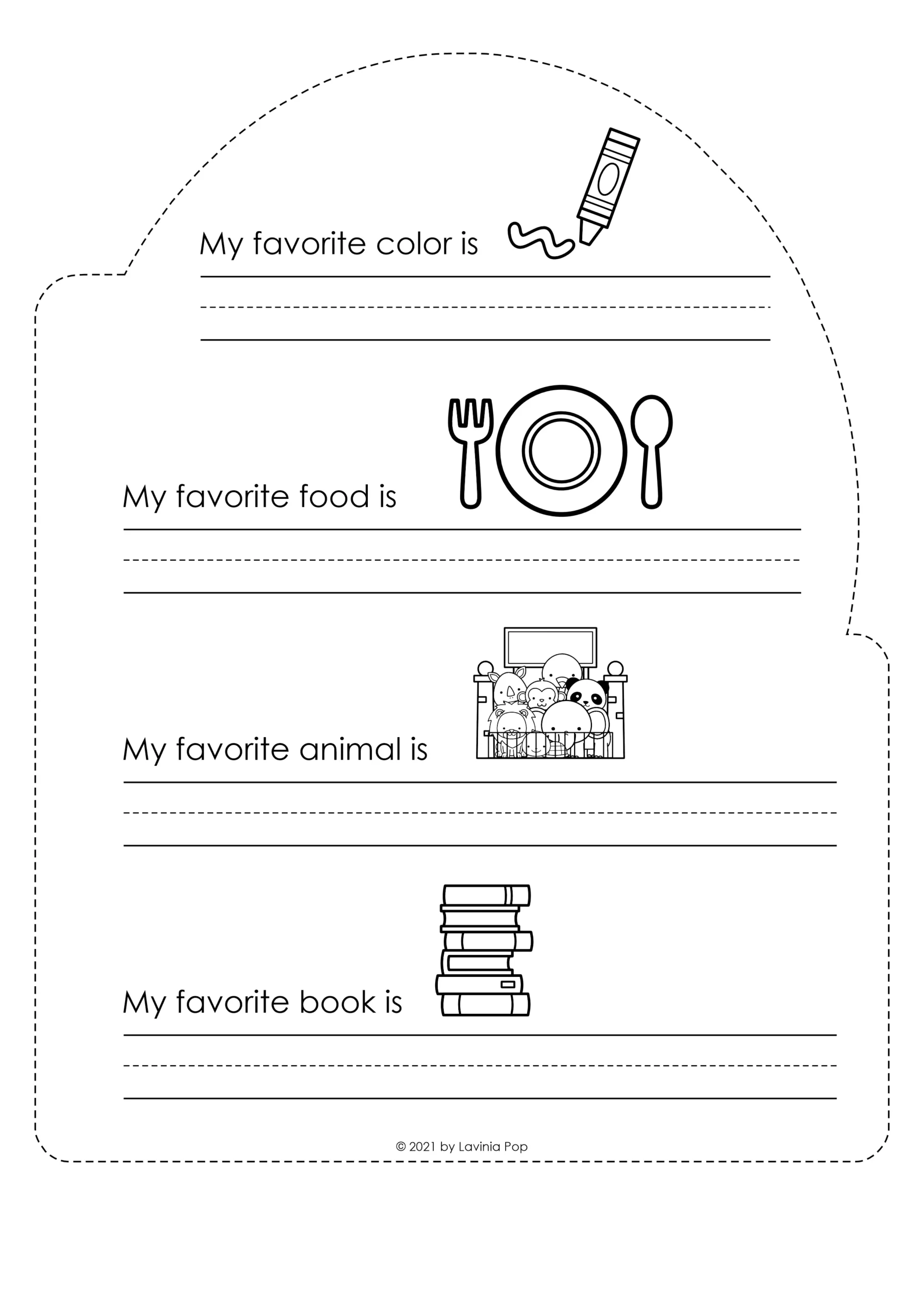 Writing favorite colors, foods, animals, and books on an All About Me Book page with primary handwriting lines.
