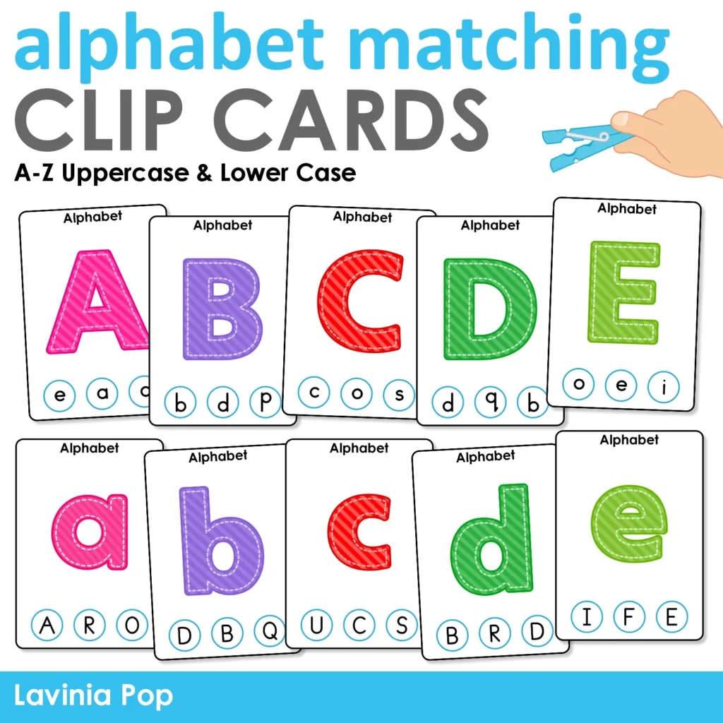 Alphabet matching clip cards cover showing colorful uppercase and lowercase letter cards for preschool and kindergarten.